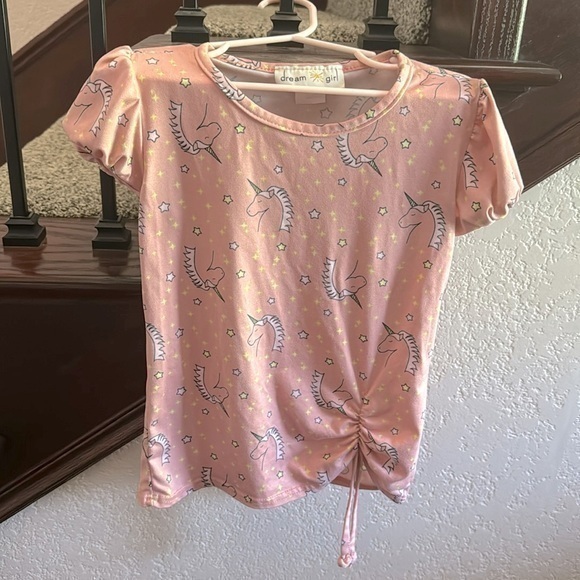 Dream Girl Little Girls Size 6 Unicorn Star Short Puff Sleeve Tee Shirt & Tie - Picture 1 of 3